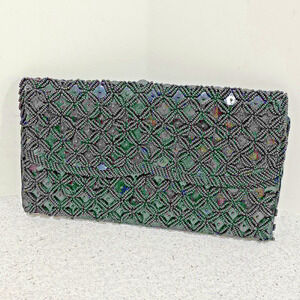 Vintage Mid Century Black Satin Sequins & Beaded Dressy Purse Made in Hong Kong